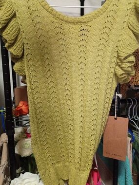 Blu Pepper Olive Green Scoop Neck Openwork Knit Sweater with Ruffle Sleeves
